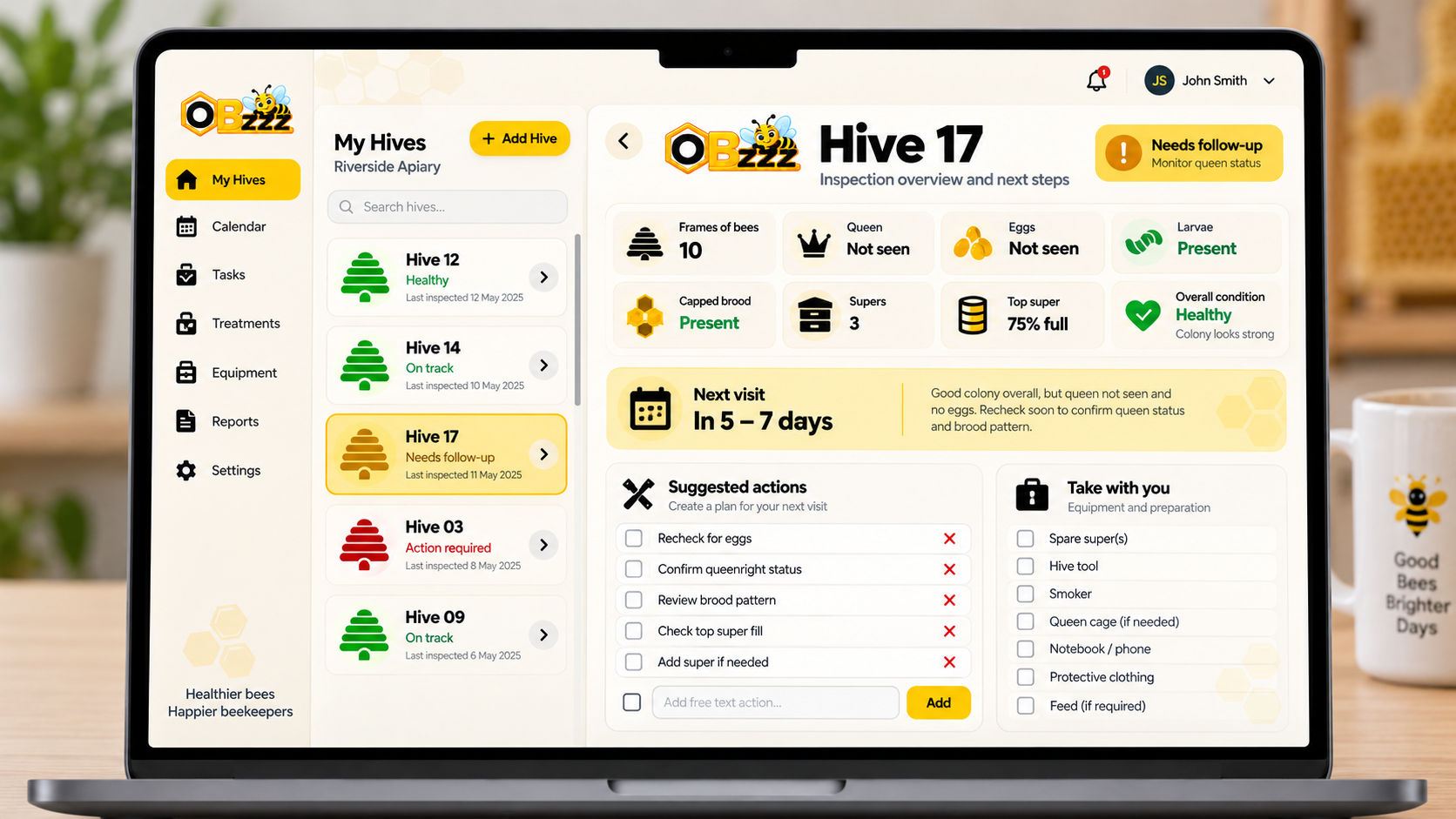 OBzzz desktop hive follow-up view showing Hive 17 next-visit actions and equipment checklist