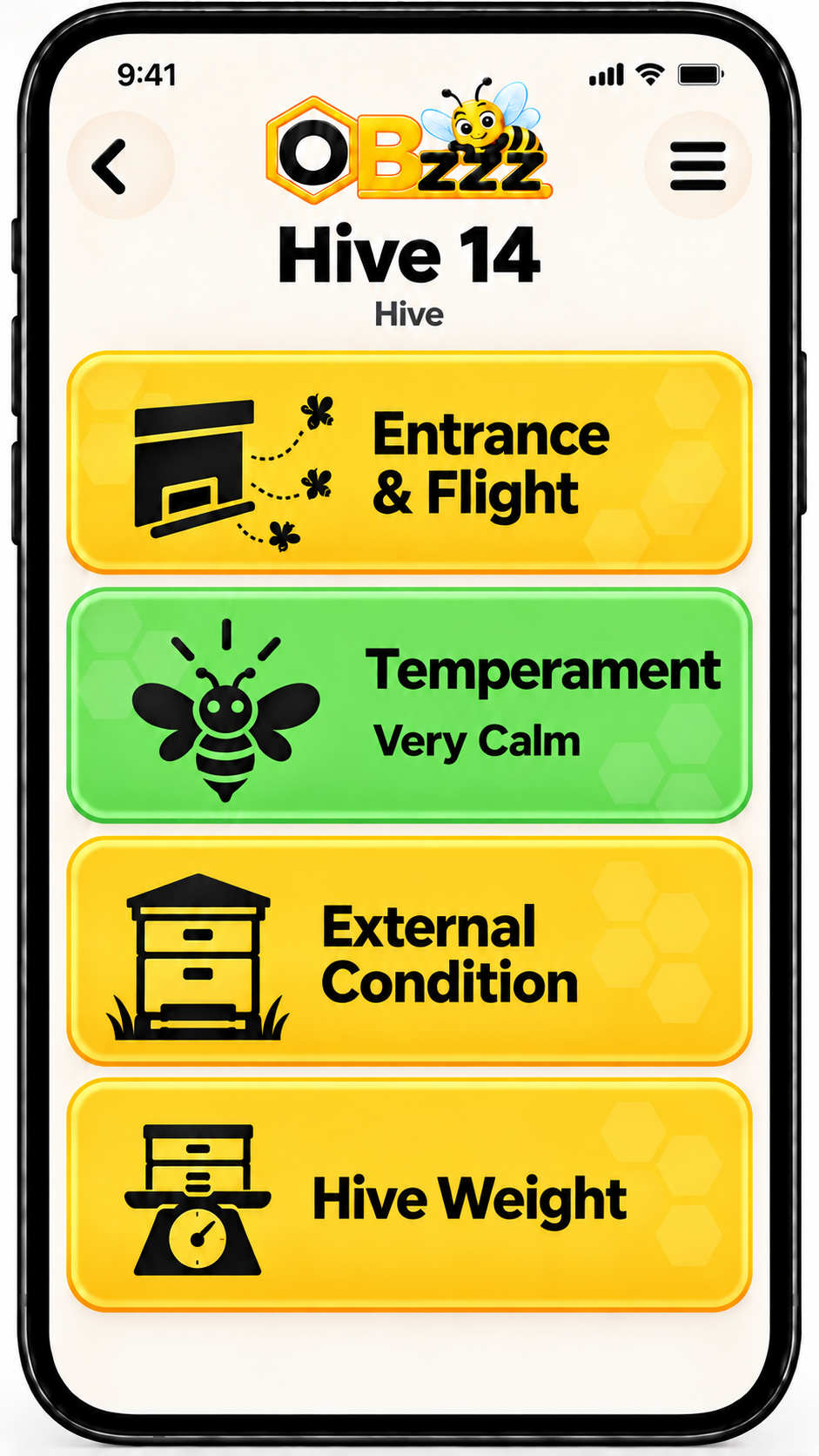 OBzzz hive inspection screen